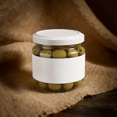 Glass jar with olives on a fabric background