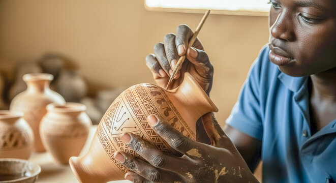 african artisan decorating clay pottery