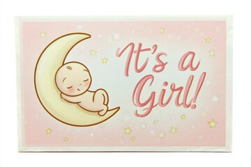 Cute baby announcement card featuring a sleeping baby on a moon with the message It’s a Girl