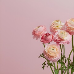 A bouquet of flowering ranunculus pink on a light background. Rich buttercup buds.A beautiful arrangement of pink ranunculus flowers in a vase. generative ai	