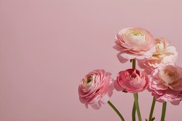 A bouquet of flowering ranunculus pink on a light background. Rich buttercup buds.A beautiful arrangement of pink ranunculus flowers in a vase. generative ai	