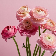 A bouquet of flowering ranunculus pink on a light background. Rich buttercup buds.A beautiful arrangement of pink ranunculus flowers in a vase. generative ai	