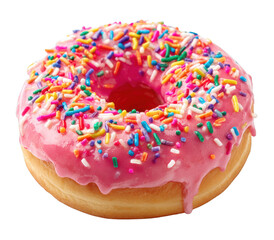 Pink frosted donut with colorful sugar sprinkles, isolated on pure transparent background, glossy icing, stock photo style