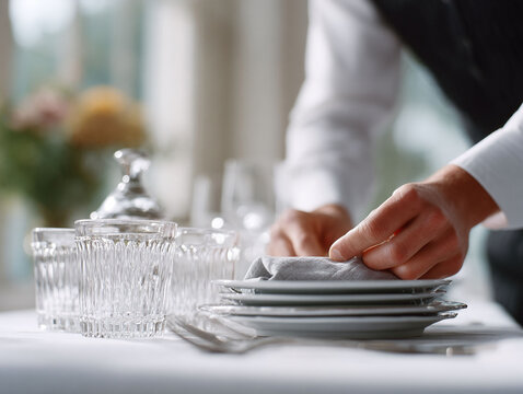 Waiter setting elegant table with fine dining ware. Symbol of hospitality, attention to detail, and readiness for a special event. Service industry concept.
