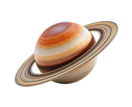 A detailed, realistic depiction of Saturn, showing its rings and banded colors.  Saturn's globe features a rich mix of orange, tan, and beige hues, with prominent rings of varying shades