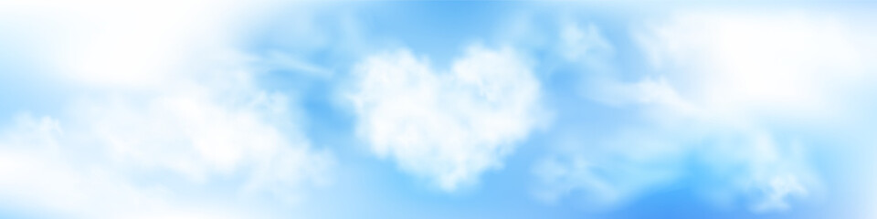 Obraz premium Vector illustration of a beautiful blue sky with realistic clouds. heart-shaped clouds. Captivating panoramic view with soft and natural cloud formations. Perfect for backgrounds, web, design projects