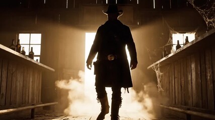 Silhouette of a lone cowboy walking through a dusty saloon, cinematic lighting, western movie scene