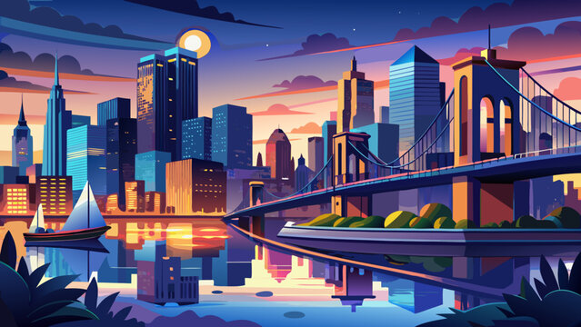 Very beautiful evening waterfront scene at Brooklyn Bridge Park, showcasing calm reflective waters, the iconic Brooklyn Bridge, and the illuminated skyscrapers of Lower Manhattan glowing against the t