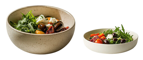 Fresh vegetable salad and mixed greens in ceramic bowls