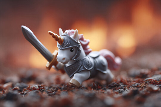 A heroic unicorn toy, clad in shining armor and brandishing a sword, stands ready for battle. A whimsical yet powerful image suitable for fantasy, strength or childhood themes.