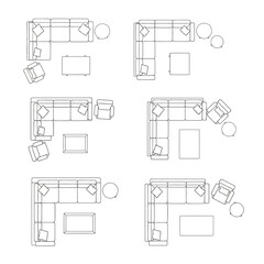 Top-down Architectural Drawings of Sectional Sofas and Furniture Layouts