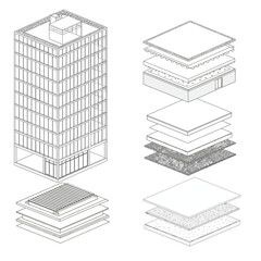Architectural Building Isometric View and Layered Sections