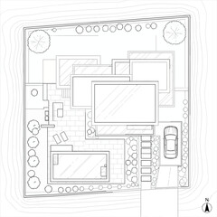 Aerial blueprint of a modern house with pool and car