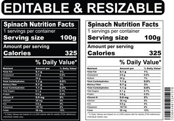 spinach Facts label isolated on white background with daily values, nutrition calculator, nutritional panel, Supplement Facts
