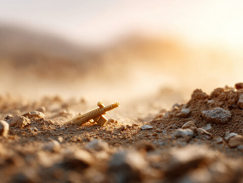 Toy weapon on arid ground, bathed in warm light. Evokes themes of conflict, childhood, or innocence lost. Ideal for conceptual or editorial use.