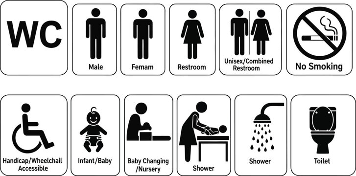 Set of black and white pictograms for public restroom facilities and amenities icon symbol