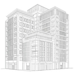 Architectural Line Drawing of a Modern Multi- Story Building Complex