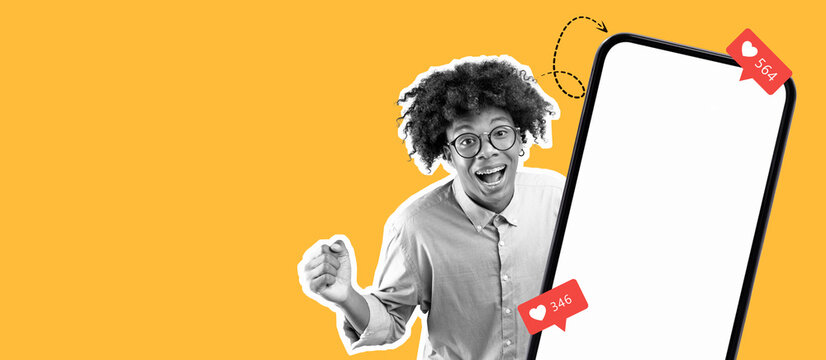 A young adult with curly hair shows excitement while holding a smartphone. The background is bright yellow, highlighting the cheerful mood.