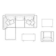 Architectural line drawings of sectional sofa and furniture