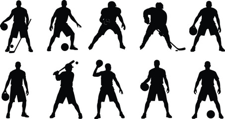 Silhouettes of ten athletes in dynamic sports poses including football, basketball, tennis, and hockey for vector illustration.