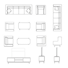 Architectural plan furniture top view line drawings