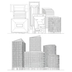 Architectural Line Drawings of Modern City Buildings