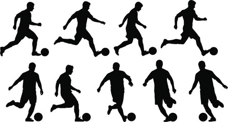 Soccer player silhouettes in dynamic action poses including kicking, dribbling, and running for sports, fitness, and training themes.