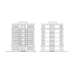 Architectural line drawings of two apartment buildings