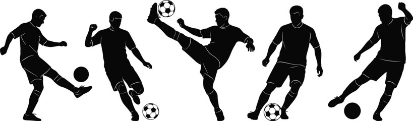 Soccer player silhouette vector set with ball actions, kicking, dribbling, striking poses, black sports icons and motion graphics