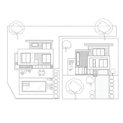 Architectural Top Down View Of Modern Houses With Pool And Garden