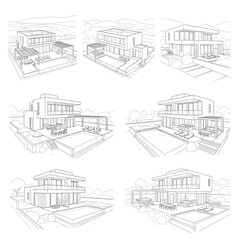 Architectural Sketches of Modern Houses with Pools and Gardens