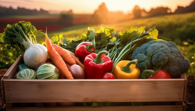 fresh vegetables harvested and placed in wooden crate