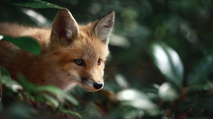Obraz premium Captivating closeup of a red fox peering through lush green foliage. Evokes nature, wildlife, and stealth. Ideal for conservation, adventure, or storytelling.