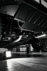 Automotive service inspection of vehicle undercarriage with focused lighting in a repair workshop