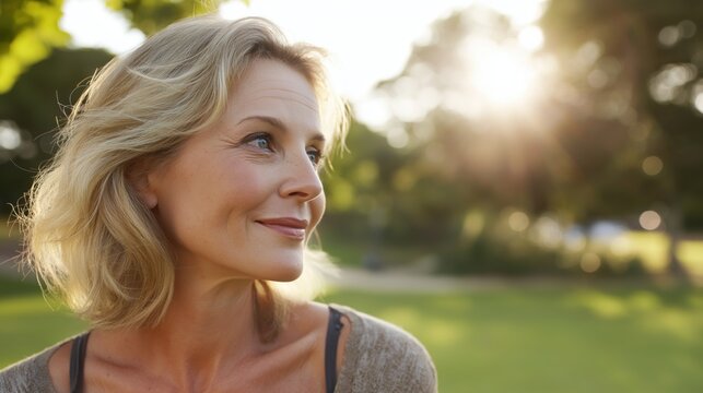 Backlit image of an Attractive sexy mature blond woman posing in a park looking way