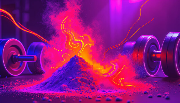 Creatine monohydrate powder rising like smoke around gym equipment