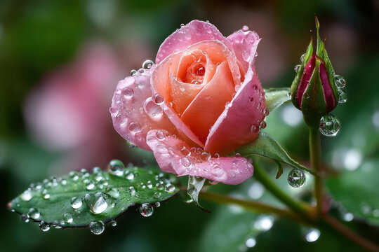 A Delicate Pink Rose Blossom Covered in Dew Drops A Bud Beside It - Powered by Adobe