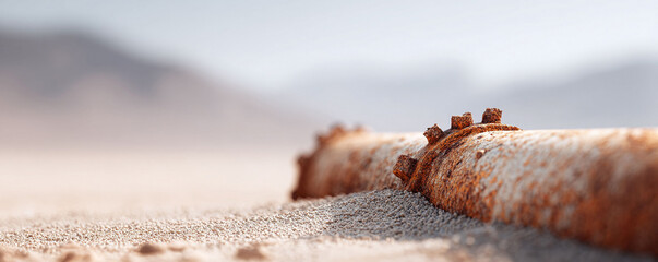 Rustic metal pipe on sand, evoking decay and seaside exploration. Great for themes of environment, industry, or abstract textures. Detailed shot.