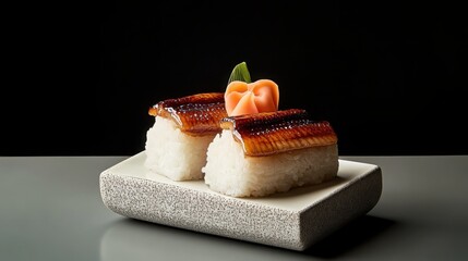 Sushi with eel and garnish served on a rectangular plate