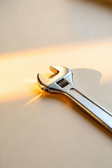 Wrench lying on a surface with sunlight reflecting on it in a service workshop