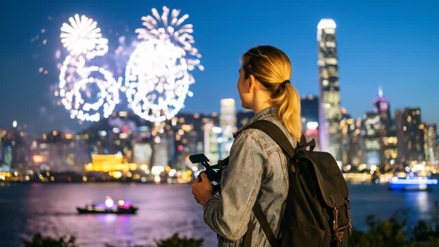Woman Captures Fireworks Over Hong Kong Skyline: Night Photography Adventure