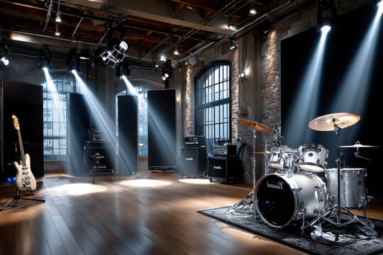 Empty Music Rehearsal Room with Instruments and Stage Lighting - Powered by Adobe