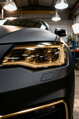 Automotive service workshop showcasing a close-up of a sleek black car with shining headlights