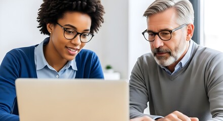 Young african american businesswoman mentoring senior colleague on laptop in office for digital training and teamwork concept