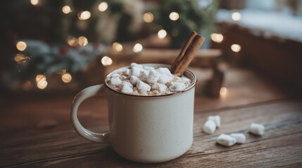 Hot cocoa in a white mug on wooden table with blush to cranberry glow