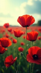 Fototapeta premium A field of bright red poppies surrounded by a clear blue sky