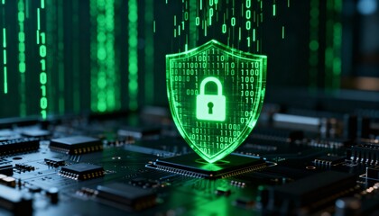 Cyber security concept. 3D glowing digital shield with padlock icon representing data protection on futuristic blurred technology background. Internet safety and network defense concept.