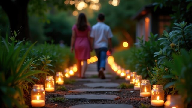 A romantic evening scene with a couple walking down a path lit by candles, suitable for various occasions and themes