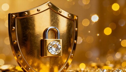 Cyber security concept. 3D glowing digital shield with padlock icon representing data protection on futuristic blurred technology background. Internet safety and network defense concept.