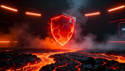 Cyber security concept. 3D glowing digital shield with padlock icon representing data protection on futuristic blurred technology background. Internet safety and network defense concept.